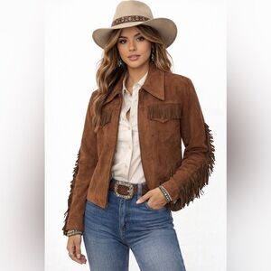 VTG Express dark Brown Suede Leather Fringe Western Boho Zip Jacket small